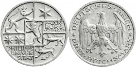 Weimarer Republik
Gedenkmünzen
3 Reichsmark Marburg
1927 A. vorzüglich/Stempelglanz, Randfehler. Jaeger 330.
