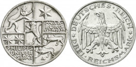 Weimarer Republik
Gedenkmünzen
3 Reichsmark Marburg
1927 A. sehr schön/vorzüglich, kl. Randfehler. Jaeger 330.
