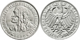 Weimarer Republik
Gedenkmünzen
3 Reichsmark Dürer
1928 D. fast Stempelglanz, Prachtexemplar. Jaeger 332.
