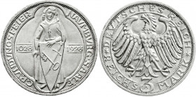 Weimarer Republik
Gedenkmünzen
3 Reichsmark Naumburg/Saale
1928 A. vorzüglich/Stempelglanz, kl. Randfehler. Jaeger 333.