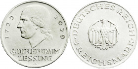 Weimarer Republik
Gedenkmünzen
3 Reichsmark Lessing
1929 A. fast Stempelglanz. Jaeger 335.