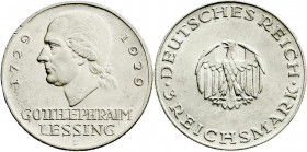 Weimarer Republik
Gedenkmünzen
3 Reichsmark Lessing
1929 D. vorzüglich/Stempelglanz, winz. Randfehler. Jaeger 335.