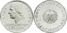 Weimarer Republik
Gedenkmünzen
3 Reichsmark Lessing
1929 F. Polierte Platte, etwas berieben, selten. Jaeger 335.