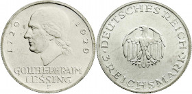 Weimarer Republik
Gedenkmünzen
3 Reichsmark Lessing
1929 F. fast Stempelglanz, winz. Randfehler. Jaeger 335.