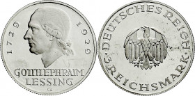 Weimarer Republik
Gedenkmünzen
3 Reichsmark Lessing
1929 G. Polierte Platte, leicht berührt, selten. Jaeger 335.