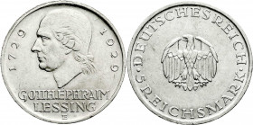 Weimarer Republik
Gedenkmünzen
5 Reichsmark Lessing
1929 E. vorzüglich, kl. Randfehler. Jaeger 336.