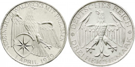 Weimarer Republik
Gedenkmünzen
3 Reichsmark Waldeck
1929 A. prägefrisch/fast Stempelglanz. Jaeger 337.