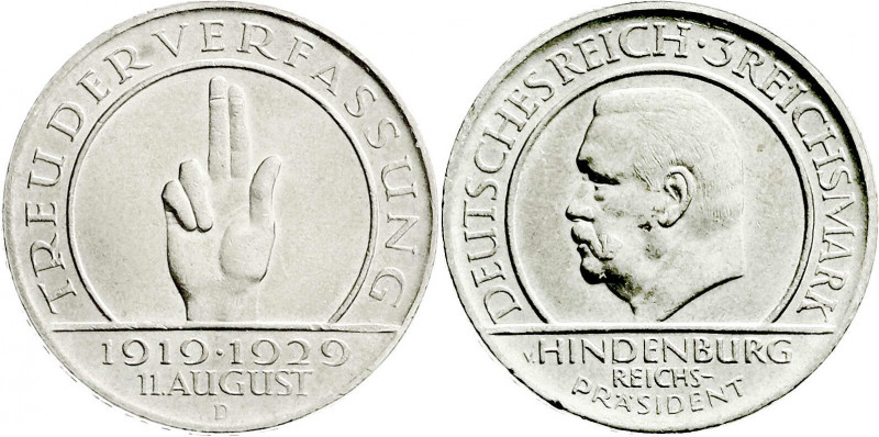 Weimarer Republik
Gedenkmünzen
3 Reichsmark Schwurhand
1929 D. prägefrisch. J...