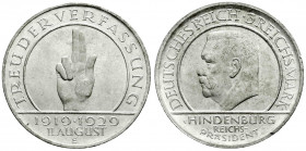 Weimarer Republik
Gedenkmünzen
3 Reichsmark Schwurhand
1929 E. prägefrisch/fast Stempelglanz, winz. Randfehler. Jaeger 340.