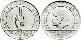 Weimarer Republik
Gedenkmünzen
3 Reichsmark Schwurhand
1929 G. gutes vorzüglich, kl. Kratzer. Jaeger 340.
