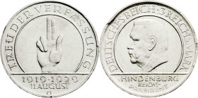 Weimarer Republik
Gedenkmünzen
3 Reichsmark Schwurhand
1929 G. Randfehler, sonst vorzüglich/Stempelglanz. Jaeger 340.