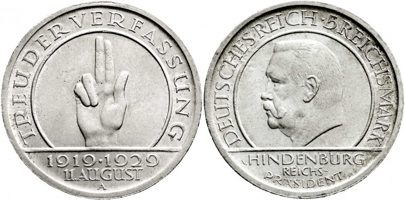 Weimarer Republik
Gedenkmünzen
5 Reichsmark Schwurhand
1929 A. prägefrisch, k...