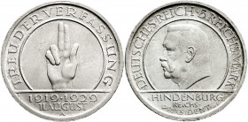 Weimarer Republik
Gedenkmünzen
5 Reichsmark Schwurhand
1929 A. prägefrisch, kl. Randfehler. Jaeger 341.