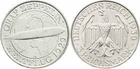 Weimarer Republik
Gedenkmünzen
3 Reichsmark Zeppelin
1930 A. vorzüglich/Stempelglanz. Jaeger 342.