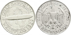 Weimarer Republik
Gedenkmünzen
3 Reichsmark Zeppelin
1930 G. vorzüglich/Stempelglanz. Jaeger 342.
