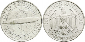 Weimarer Republik
Gedenkmünzen
3 Reichsmark Zeppelin
1930 G. vorzüglich/Stempelglanz, winz. Kratzer. Jaeger 342.