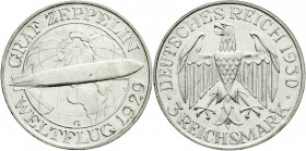 Weimarer Republik
Gedenkmünzen
3 Reichsmark Zeppelin
1930 G. vorzüglich/Stempelglanz. Jaeger 342.