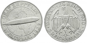 Weimarer Republik
Gedenkmünzen
5 Reichsmark Zeppelin
1930 D. vorzüglich. Jaeger 343.