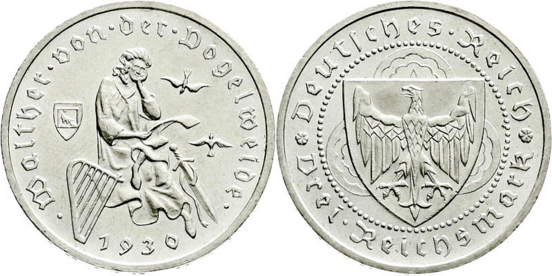 Weimarer Republik
Gedenkmünzen
3 Reichsmark Vogelweide
1930 A. vorzüglich/Ste...