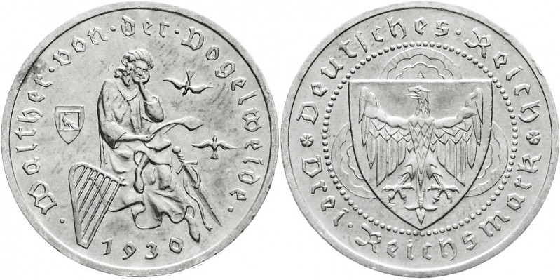 Weimarer Republik
Gedenkmünzen
3 Reichsmark Vogelweide
1930 A. vorzüglich/Ste...