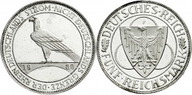 Weimarer Republik
Gedenkmünzen
5 Reichsmark Rheinstrom
1930 F. Polierte Platte, kl. Kratzer und etwas berieben, selten. Jaeger 346.