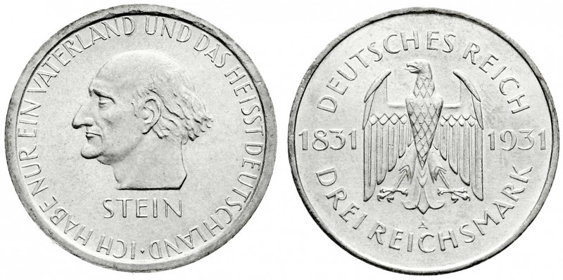 Weimarer Republik
Gedenkmünzen
3 Reichsmark Stein Reichsfreiherr
1931 A. vorz...