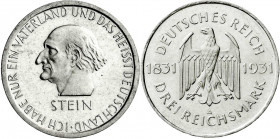 Weimarer Republik
Gedenkmünzen
3 Reichsmark Stein Reichsfreiherr
1931 A. vorzüglich/Stempelglanz. Jaeger 348.