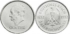 Weimarer Republik
Gedenkmünzen
3 Reichsmark Goethe
1932 A. vorzüglich/Stempelglanz. Jaeger 350.