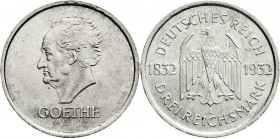 Weimarer Republik
Gedenkmünzen
3 Reichsmark Goethe
1932 A. vorzüglich/Stempelglanz. Jaeger 350.