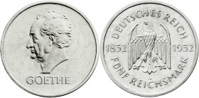Weimarer Republik
Gedenkmünzen
5 Reichsmark Goethe
1932 A. fast vorzüglich. Jaeger 351.