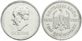 Weimarer Republik
Gedenkmünzen
5 Reichsmark Goethe
1932 E. vorzüglich, kl. Kratzer, selten. Jaeger 351.