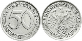 Drittes Reich
Klein/- und Kursmünzen
50 Reichspfennig, Nickel 1938-1939
1938 G. fast Stempelglanz. Jaeger 365.