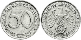 Drittes Reich
Klein/- und Kursmünzen
50 Reichspfennig, Nickel 1938-1939
1938 J. sehr schön/vorzüglich. Jaeger 365.