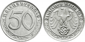Drittes Reich
Klein/- und Kursmünzen
50 Reichspfennig, Nickel 1938-1939
1939 E. vorzüglich/Stempelglanz. Jaeger 365.