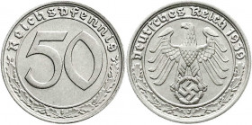 Drittes Reich
Klein/- und Kursmünzen
50 Reichspfennig, Nickel 1938-1939
1939 J. vorzüglich/Stempelglanz. Jaeger 365.