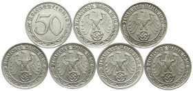 Drittes Reich
Klein/- und Kursmünzen
50 Reichspfennig, Nickel 1938-1939
7 Stück: kompletter Jahrgang 1939 mit A,B,D,E,F,G,J. meist vorzüglich/Stemp...