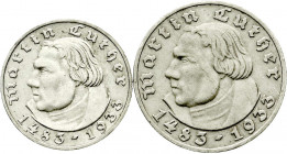 Drittes Reich
Gedenkmünzen
5 Reichsmark Luther
2 Stück: 2 und 5 RM 1933 A. beide sehr schön. Jaeger 352,353.