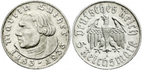 Drittes Reich
Gedenkmünzen
5 Reichsmark Luther
1933 A. Geringe Auflage. Polierte Platte, kl. Kratzer und berührt. Jaeger 353.