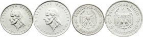 Drittes Reich
Gedenkmünzen
5 Reichsmark Schiller
2 Stück: 2 und 5 RM 1934 F. fast vorzüglich und vorzüglich. Jaeger 358,359.
