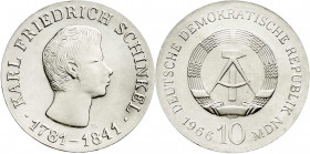 Münzen der Deutschen Demokratischen Republik
Gedenkmünzen der DDR
10 Mark 1966, Schinkel. Randschrift läuft links herum. fast Stempelglanz. Jaeger 1...