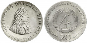 Münzen der Deutschen Demokratischen Republik
Gedenkmünzen der DDR
20 Mark 1966, Leibniz. Randschrift läuft rechts herum. vorzüglich/Stempelglanz. Ja...