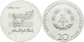 Münzen der Deutschen Demokratischen Republik
Gedenkmünzen der DDR
20 Mark 1975, Bachprobe mit vertieftem Notenzitat. Randschrift läuft links herum. ...