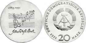 Münzen der Deutschen Demokratischen Republik
Gedenkmünzen der DDR
20 Mark 1975, Bachprobe mit vertieftem Notenzitat. Randschrift läuft rechts herum....