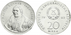 Münzen der Deutschen Demokratischen Republik
Gedenkmünzen der DDR
20 Mark 1983, Luther. Randschrift läuft links herum. prägefrisch, kl. Randfehler. ...