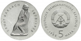 Münzen der Deutschen Demokratischen Republik
Gedenkmünzen der DDR
5 Mark 1988 A, Barlach. Polierte Platte, offen in Originalkapsel. Jaeger 1620.