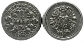 Proben, Verprägungen und Besonderheiten
Kaiserreich
Reichskleinmünzen
Blechdose für die Aufbewahrung von bis zu 20 X 1 Mark. Hohlprägung eines 1-Ma...