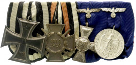 Orden und Ehrenzeichen
Deutschland
Drittes Reich, 1933-1945
Vierer-Ordenspange: EK II 1914, Ehrenkr. f. Fr., Wehrmachts-DA 18 Jahre und 4 Jahre. se...