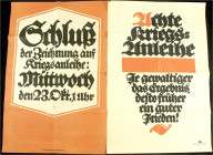 Militaria
Lots
2 Plakate des 1. Weltkriegs: "Achte Kriegsanleihe" (von Bernhard, Kunstanstalt O. Consee, München); "Schluß der Zeichnung auf Kriegsa...
