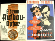 Varia
Ostalgie
DDR
2 Plakate von 1945 und 1948, beide von Günther Mickwausch (1908 - 1990). "Gib zum Aufbau Opfer" und Spende Tbc-Kurheime Köttewit...