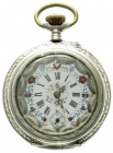 Varia
Uhren
Taschenuhren
Alpenländische Taschenuhr, 800er Silber, um 1900. Remontoir, Cylindre 6 Steine, buntes emaill. Ziffernblatt mit röm. Zahle...